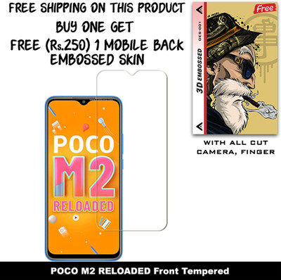 SOMTONE Tempered Glass Guard for POCO M2 RELOADED And Free 1 Mobile Back Embossed Skin With Cut FS001(Pack of 1)