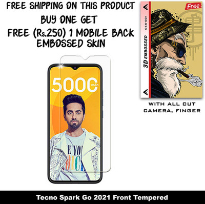 SOMTONE Tempered Glass Guard for Tecno Spark Go 2021 And Free 1 Mobile Back Embossed Skin With Cut FS001(Pack of 1)