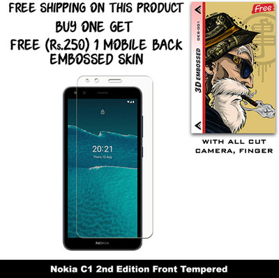 SOMTONE Tempered Glass Guard for Nokia C01 Plus And Free 1 Mobile Back Embossed Skin With Cut FS001(Pack of 1)