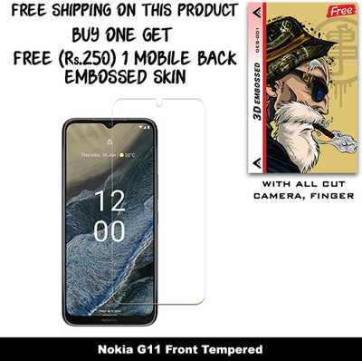 SOMTONE Tempered Glass Guard for Nokia G11 And Free 1 Mobile Back Embossed Skin With Cut FS001(Pack of 1)