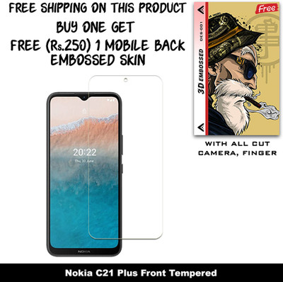 SOMTONE Tempered Glass Guard for Nokia C21 Plus And Free 1 Mobile Back Embossed Skin With Cut FS001(Pack of 1)