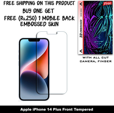 SOMTONE Tempered Glass Guard for Apple iPhone 14 Plus And Free 1 Mobile Back Embossed Skin With Cut FS002(Pack of 1)
