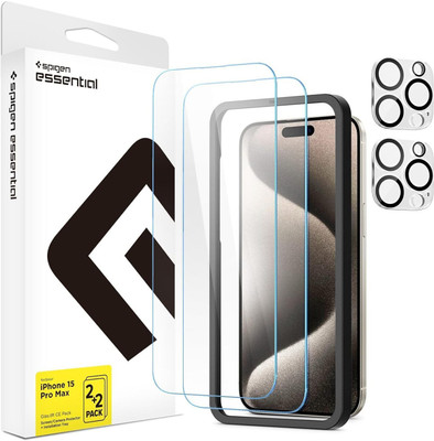 Spigen Tempered Glass Guard for iPhone 15 Pro Max, [Glass 2 Pack + Camera Lens Protector 2P + Alignment Tool](Pack of 2)