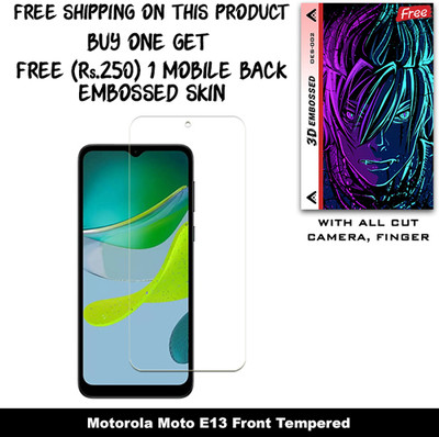 SOMTONE Tempered Glass Guard for Motorola Moto E13 And Free 1 Mobile Back Embossed Skin With Cut FS002(Pack of 1)