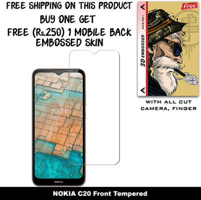 SOMTONE Tempered Glass Guard for NOKIA C20 And Free 1 Mobile Back Embossed Skin With Cut FS001(Pack of 1)