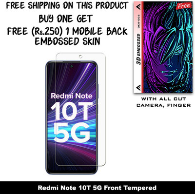 SOMTONE Tempered Glass Guard for Redmi Note 10T 5G And Free 1 Mobile Back Embossed Skin With Cut FS002(Pack of 1)