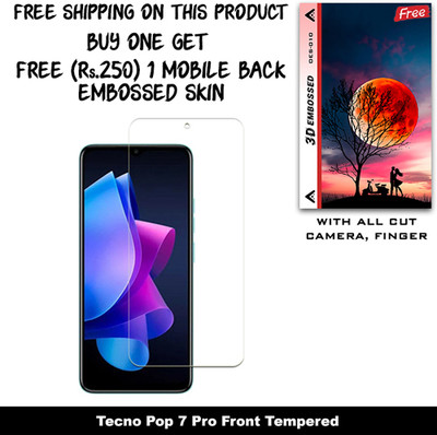 SOMTONE Tempered Glass Guard for Tecno Pop 7 Pro (Free 1 Mobile Back Embossed Skin With Cut FS010)(Pack of 1)