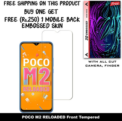 SOMTONE Tempered Glass Guard for POCO M2 RELOADED And Free 1 Mobile Back Embossed Skin With Cut FS002(Pack of 1)