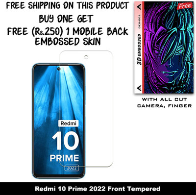 SOMTONE Tempered Glass Guard for Redmi 10 Prime 2022 And Free 1 Mobile Back Embossed Skin With Cut FS002(Pack of 1)