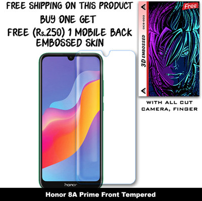ARBAN Tempered Glass Guard for Honor 8A Prime And Free 1 Mobile Back Embossed Skin With Cut FS002(Pack of 1)