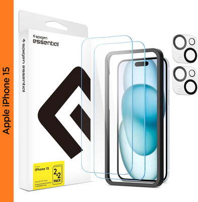 Spigen Tempered Glass Guard for iPhone 15 [Glass 2 Pack + Camera Lens Protector 2P + Alignment Tool](Pack of 4)