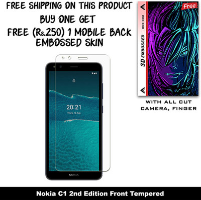 SOMTONE Tempered Glass Guard for Nokia C01 Plus And Free 1 Mobile Back Embossed Skin With Cut FS002(Pack of 1)