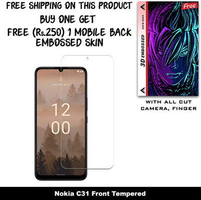 SOMTONE Tempered Glass Guard for Nokia C31 And Free 1 Mobile Back Embossed Skin With Cut FS002(Pack of 1)