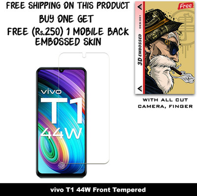 SOMTONE Tempered Glass Guard for vivo T1 44W And Free 1 Mobile Back Embossed Skin With Cut FS001(Pack of 1)