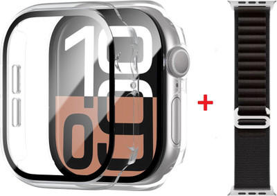 DPJ Tempered Glass Guard for Apple Watch 46mm Series 10 with Tempered Glass Screen Protector with Strap [ ONE UNIT CLEAR CASE + ONE UNIT BLACK STRAP] [COMBO](Pack of 2)