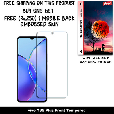 SOMTONE Tempered Glass Guard for vivo Y35 Plus (Free 1 Mobile Back Embossed Skin With Cut FS010)(Pack of 1)