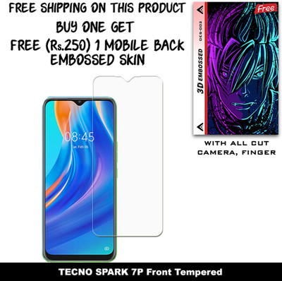 SOMTONE Tempered Glass Guard for TECNO SPARK 7P And Free 1 Mobile Back Embossed Skin With Cut FS002(Pack of 1)