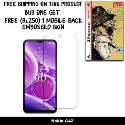 SOMTONE Tempered Glass Guard for Nokia G42 And Free 1 Mobile Back Embossed Skin With Cut FS001(Pack of 1)