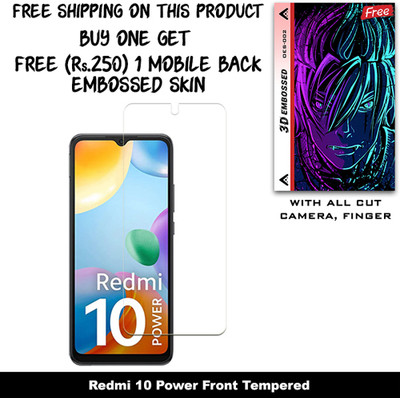 SOMTONE Tempered Glass Guard for Redmi 10 Power And Free 1 Mobile Back Embossed Skin With Cut FS002(Pack of 1)