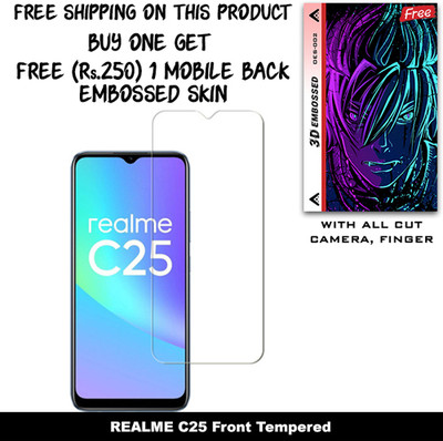 SOMTONE Tempered Glass Guard for REALME C25 And Free 1 Mobile Back Embossed Skin With Cut FS002(Pack of 1)