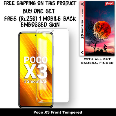 SOMTONE Tempered Glass Guard for Poco X3 (Free 1 Mobile Back Embossed Skin With Cut FS010)(Pack of 1)