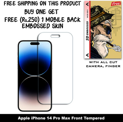 SOMTONE Tempered Glass Guard for Apple iPhone 14 Pro Max And Free 1 Mobile Back Embossed Skin With Cut FS001(Pack of 1)