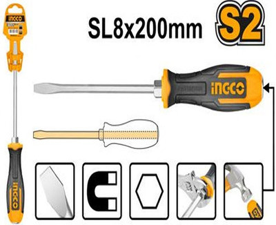 INGCO Slotted Heavy Duty Go Through 8X200 MM Magnetic Long Handle Screwdriver(Pack of 1)