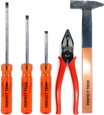 PERFECT TECH Combo Set 3 Pcs Screwdriver Tools Kit Set & Combination Plier 8 Inch & Hammer Combination Screwdriver Set(Pack of 5)