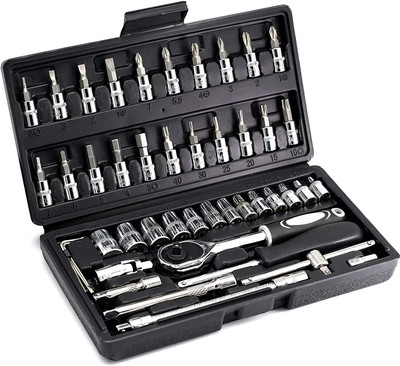 HENGLOBE 46 in 1 Pcs Tool Kit Screwdriver set and Socket Set Wrench Set Multi PurposeTool Tool Kit for Home Use Multiple Unit Measuring Wheel