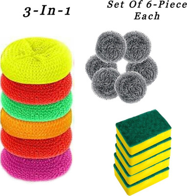 shriagrawal Plastic Scrubber, Stainless Steel Scrubber & Scrub Pad with Sponge 2 in 1/ Scrub Pad(Regular, Pack of 18)