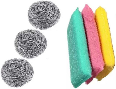 Shribalajifirm 3 STEEL SCRUBBER 3 FOAM COLORFUL SCRATHPROOF SCRUB PAD/ Scrub Pad(Regular, Pack of 6)