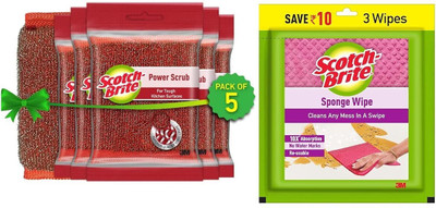 Scotch-Brite Combo | Power Scrub Pack of 5 + Sponge wipe-3N | Scrub Pad(Regular, Pack of 6)