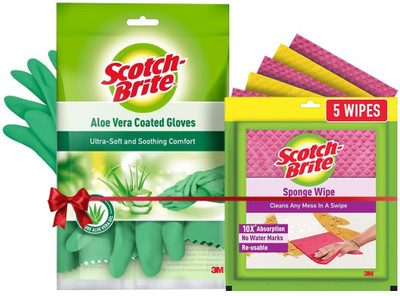 Scotch-Brite Aloevera Kitchen Gloves + Sponge Wipe(Regular, Pack of 2)