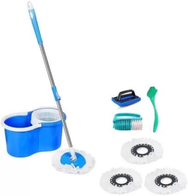 BLUTE 360° Spin Blue Bucket with Mop Stick fitted with a Microfiber Refill Scrub Pad, Scrub Sponge, Sponge Wipe(Regular, Pack of 7)