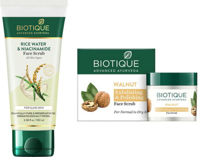 BIOTIQUE Scrub - Rice Water & Niacinamide -100g & Walnut Exfoliating -75g (Pack of 2) Scrub(175 g)