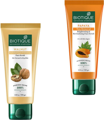 BIOTIQUE Scrub 100ml - Walnut Exfoliating & Polishing & Papaya Tan Removal (Pack of 2) Scrub(200 ml)