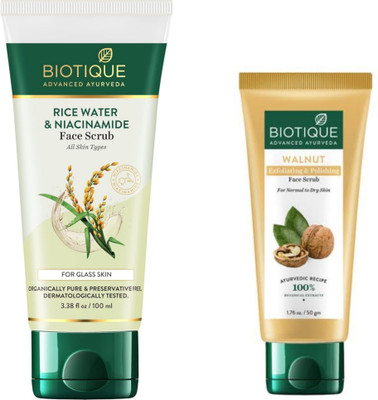 BIOTIQUE Scrub - Rice Water & Niacinamide -100g & Walnut Exfoliating -50g (Pack of 2) Scrub(150 g)