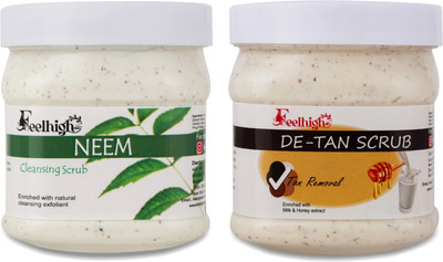 feelhigh Face and Body Neem Scrub and De tan Scrub For Man and Woman -Pack 2 Scrub(1000 ml)