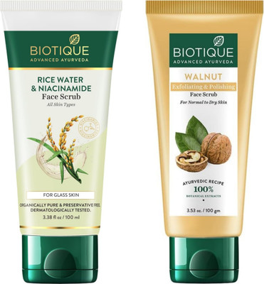 BIOTIQUE Scrub 100g - Rice Water & Niacinamide. & Walnut Exfoliating & P. (Pack of 2) Scrub(200 g)