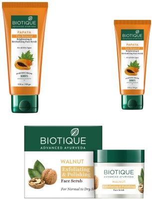 BIOTIQUE Papaya Tan Removal Scrub 50g, 100g & Walnut Scrub 50g(Pack of 3) Scrub(200 g)