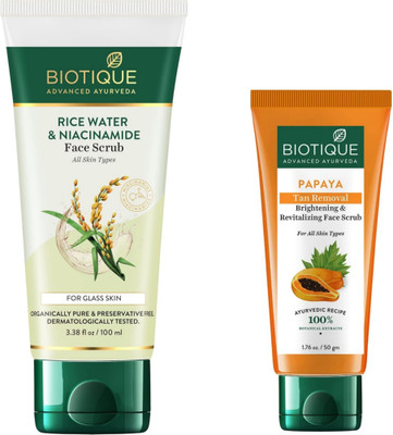 BIOTIQUE Scrub - Rice Water & Niacinamide -100g & Papaya Tan Removal -50g (Pack of 2) Scrub(150 g)