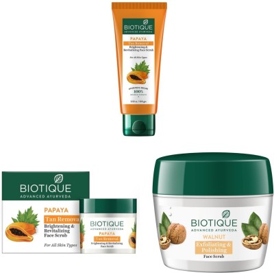 BIOTIQUE Papaya Tan Removal Scrub 100g, 75g & Walnut Scrub 175g (Pack of 3) Scrub(350 g)