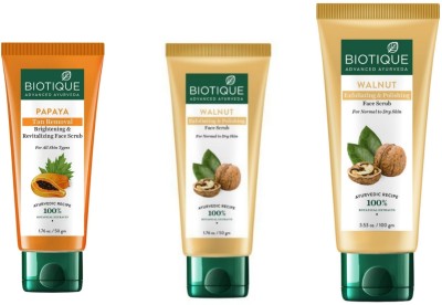 BIOTIQUE Papaya Tan Removal Scrub 50g & Walnut Scrub 50g, 100g, (Pack of 3) Scrub(200 g)