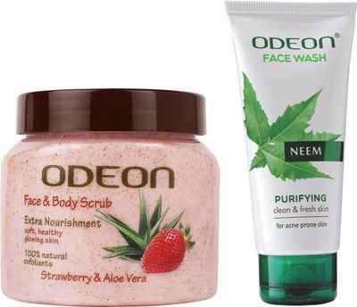 ODEON FREE Neem Face Wash 50ml with Strawberry and Aloe Vera Face and Body Scrub 300ml Scrub(350 ml)