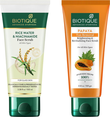 BIOTIQUE Scrub 100g. - Rice Water & Niacinamide & Papaya Tan Removal (Pack of 2) Scrub(200 g)