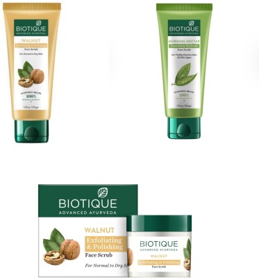 BIOTIQUE Walnut Exfoliating & Polishing Scrub 50g, 50g & Morning Nectar 50g(Pack of 3) Scrub(150 g)