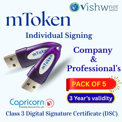 Vishwnet Class 3 Digital Signature Certificate – Individual Signing 3 Year's, Pack of 5 mToken(Blue)