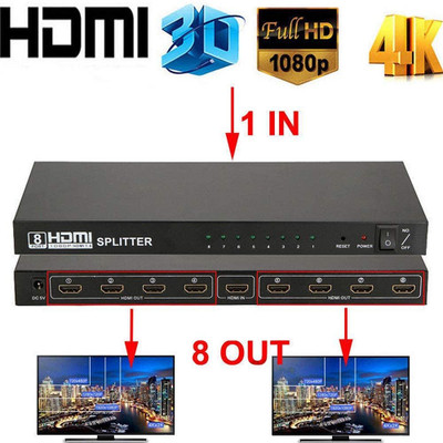 KUVERA HDMI Splitter 1x8 (HDMI 1 Input to 8 OUTPUTS) with 3D and Full HD 1080p Support. Media Streaming Device(BLACK)