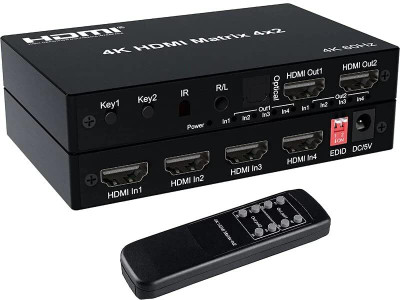 RuhZa 4K 60Hz HDMI Matrix Switcher 4x2 HDMI Switcher Splitter 4 in 2 Out with Media Streaming Device(Optical + 3.5mm Audio Out Extractor with IR Remote)