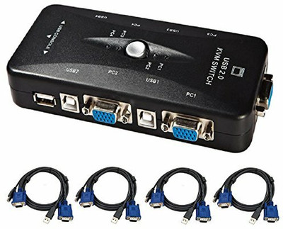 Mak World 4 Port USB 2.0 KVM Switch Box with 4 KVM Cables to Control up to 4 Computers Media Streaming Device(Black, Blue, Yellow)